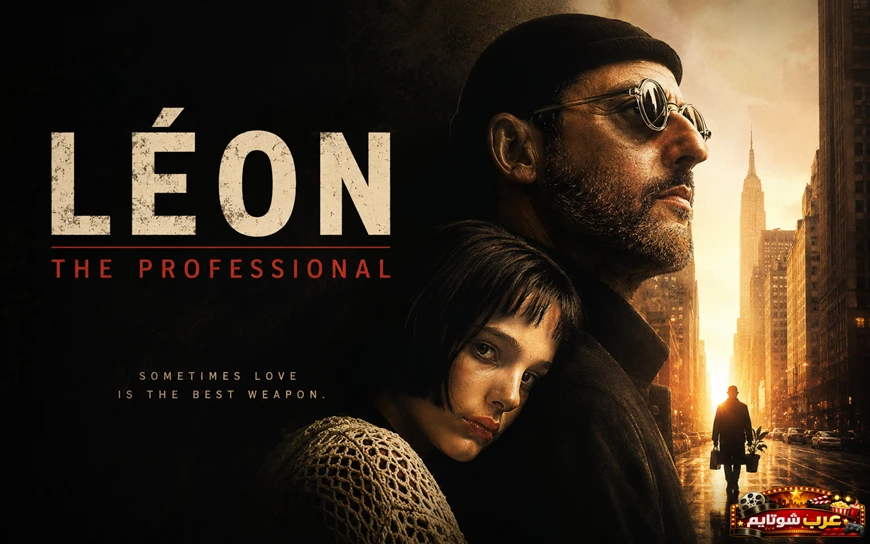 بوستر فيلم «ليون: المحترف» يظهر ليون بنظارته السوداء وماتيلدا بجانبه في شارع مدينة تحت ضوء الغروب.