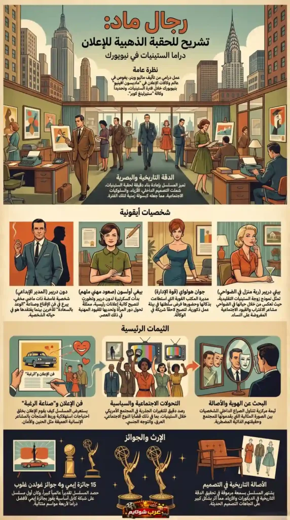 إنفوغرافيك لمسلسل «رجال ماد» (Mad Men) يعرض الشخصيات الرئيسية والموضوعات الاجتماعية والنفسية في حقبة الستينيات بنيويورك.