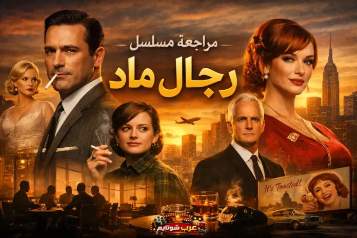 ملصق أفقي لمسلسل «رجال ماد» (Mad Men) يظهر شخصياته الرئيسية في أجواء نيويورك الستينية مع عنوان المراجعة بالعربية في الأعلى.