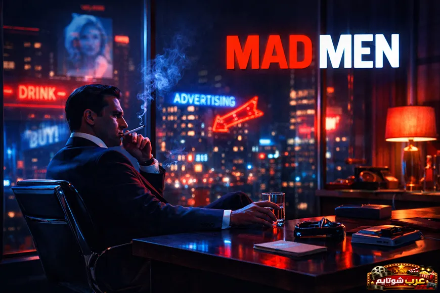 الملصق الأول لمسلسل «رجال ماد» (Mad Men) يُظهر رجلاً يجلس في مكتب ليلي بإطلالة ستينية، محاطاً بإضاءة النيون التي تعكس عالم الإعلان والاستهلاك في نيويورك.