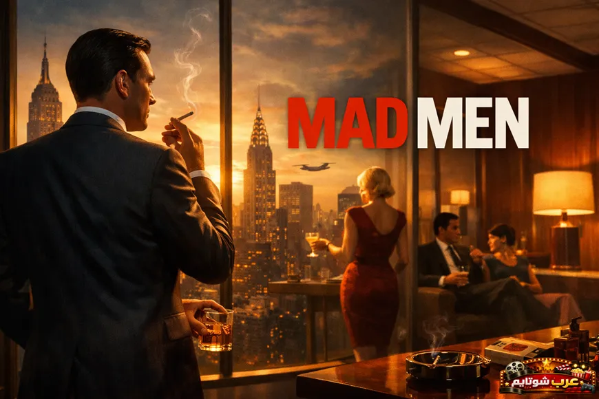 الملصق الثاني لمسلسل «رجال ماد» (Mad Men) يُظهر رجلاً يقف أمام نافذة تطل على أفق نيويورك عند الغروب، مع شخصيات أخرى داخل مكتب يعكس عالم الإعلان في الستينيات.