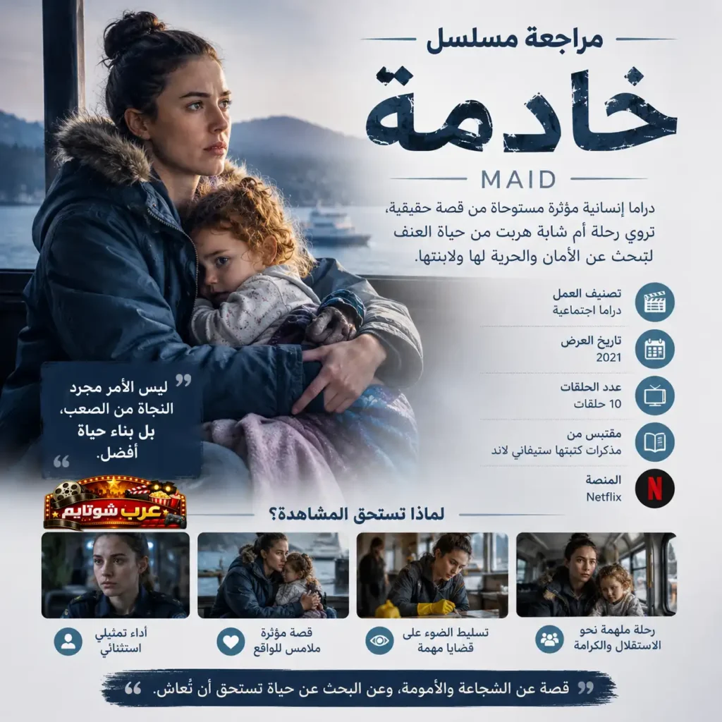 إنفوغرافيك لمسلسل «خادمة» يعرض مشهداً واقعياً يجمع بين أليكس وابنتها داخل منزل بسيط، مع إبراز أجواء الكفاح اليومي والعمل الشاق.