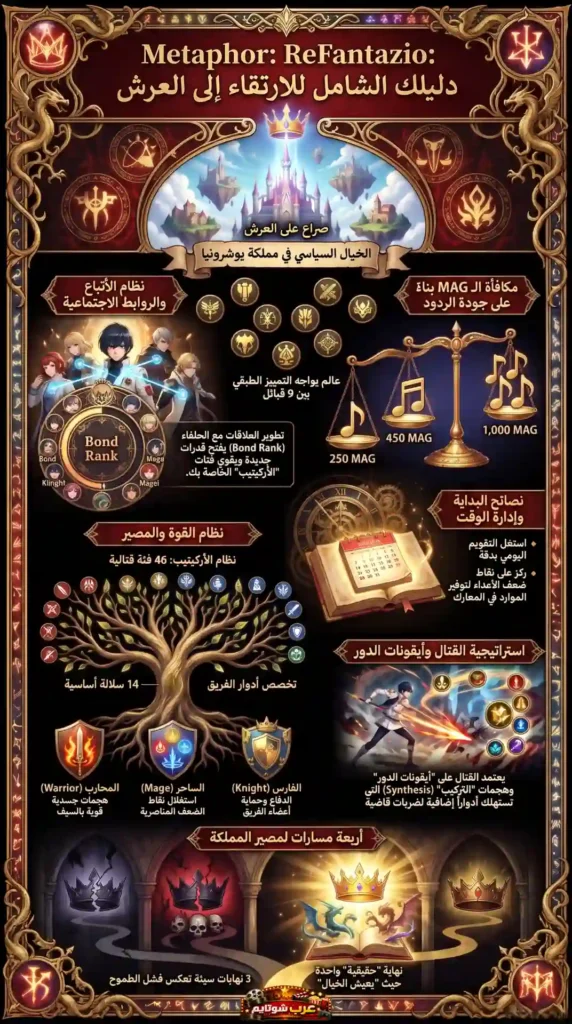 إنفوجراف شامل يشرح أنظمة اللعب والعلاقات الاجتماعية في لعبة «ميتافور: ريفانتازيو» داخل عالمٍ فانتازي سياسي مليء بالصراعات.