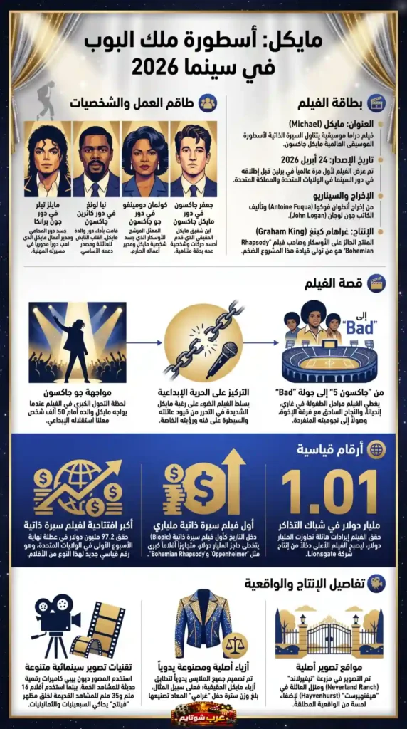 إنفوغراف عربی یعرض معلومات شاملة عن فیلم «مایکل» مع صور مرسومة للممثلین وعناصر بصریة ترمز لمسیرته الفنیة وتقنیات الإنتاج.