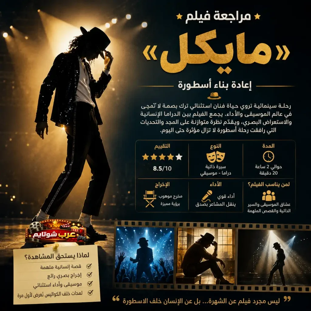 إنفوغراف یعرض مراجعة لفيلم «مایکل» مع صورة لمؤدٍ یجسّد أسلوب مایکل جاکسون فی رقصة أیقونیة تحت أضواء المسرح الذهبیة.