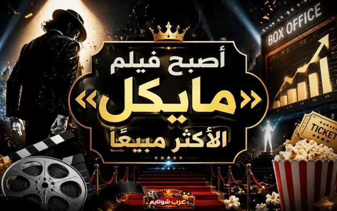 صورة ترويجية لفيلم «مايكل» تُظهر أجواء سينمائية مع سجادة حمراء وعناصر شباك التذاكر، احتفاءً بتصدّره إيرادات عام 2026.