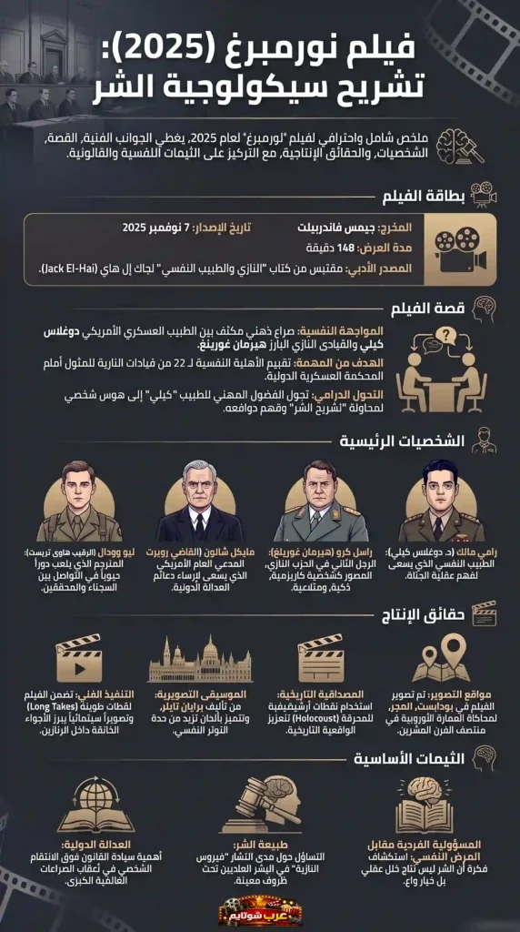 إنفوغرافي لفيلم «نورنبرغ» (Nuremberg 2025) يقدّم ملخصاً بصرياً عن القصة والشخصيات والثيمات النفسية والقانونية للفيلم.