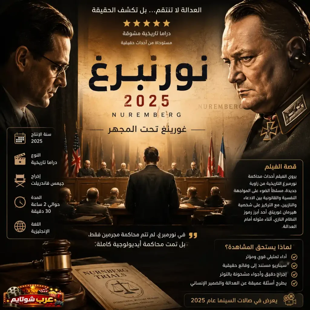 إنفوغرافي لفيلم «نورنبرغ» (Nuremberg 2025) يعرض مشهداً من محكمة نورنبرغ مع صور هرمان غورينغ وعناصر بصرية تعكس الطابع التاريخي للدراما.