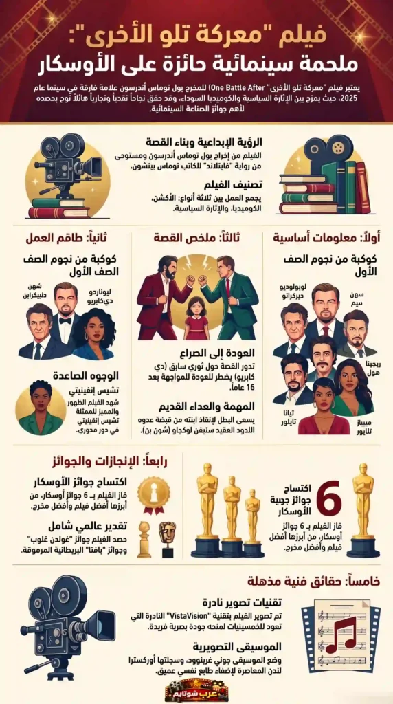 إنفوغرافي يعرض معلومات شاملة عن فيلم «معركة تلو الأخرى» مع رسومات توضيحية وعناصر بصرية مرتبطة بالجوائز والطاقم والإنجازات.