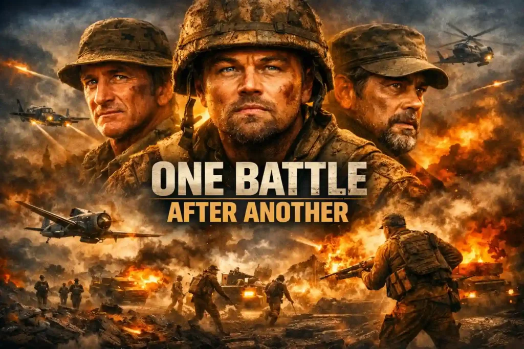 ملصق فيلم «معركة تلو الأخرى» – صورة حربية درامية لجنود في ساحة معركة مليئة بالدخان والانفجارات