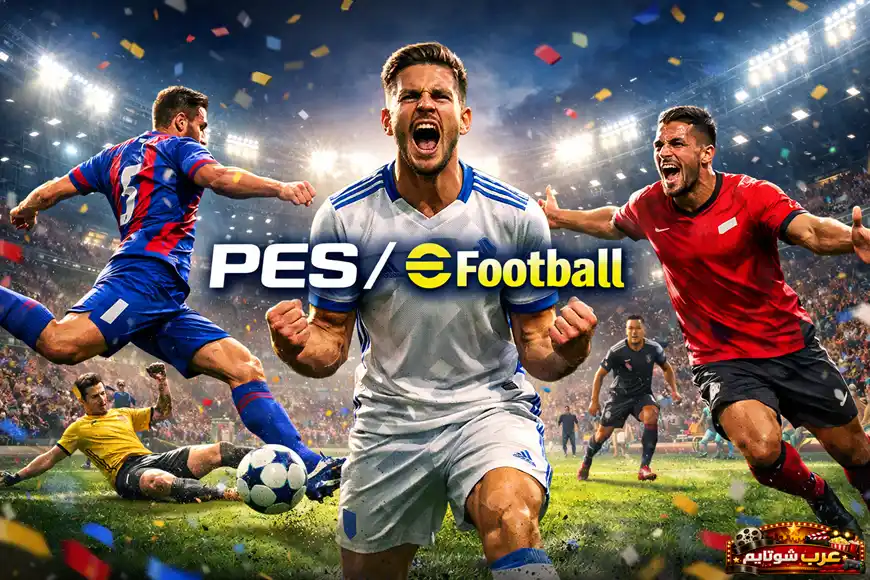 بوستر لسلسلة PES / eFootball يظهر فيه لاعبو كرة قدم داخل ملعب مضاء في لحظة احتفال وحماس.