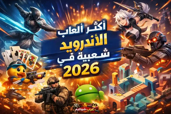 صورة ترويجية لأشهر ألعاب الأندرويد في عام 2026، تضم شخصيات من ألعاب الأكشن والأنمي والخيال العلمي مع شعار «أكثر ألعاب الأندرويد شعبية في 2026».