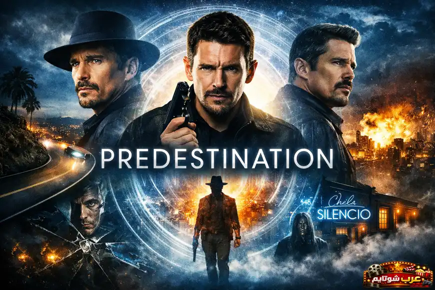 ملصق سينمائي لفيلم Predestination يُظهر البطل في عدة نسخٍ زمنية داخل أجواء خيالٍ علميّ تعكس فكرة السفر عبر الزمن والقدر المحتوم.