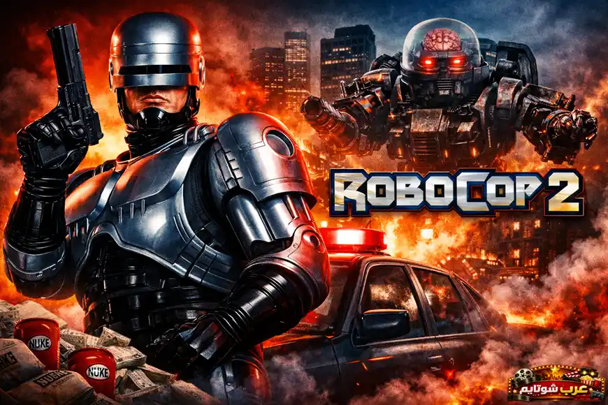 ملصق لفيلم «RoboCop 2» يظهر الشرطي الآلي في مواجهة روبوت عملاق وسط مدينة مستقبلية مليئة بالدخان والدمار.