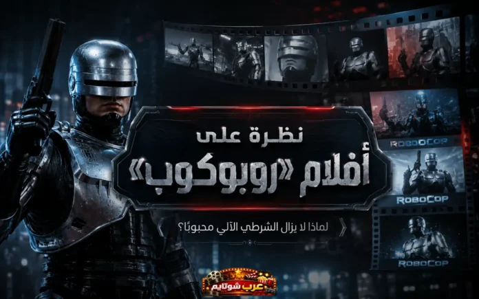 الشرطي الآلي «روبوكوب» يقف في مقدّمة ملصق ترويجي مظلم بتأثيرات ضوئية زرقاء وحمراء، مع مشاهد من أفلام السلسلة خلفه.
