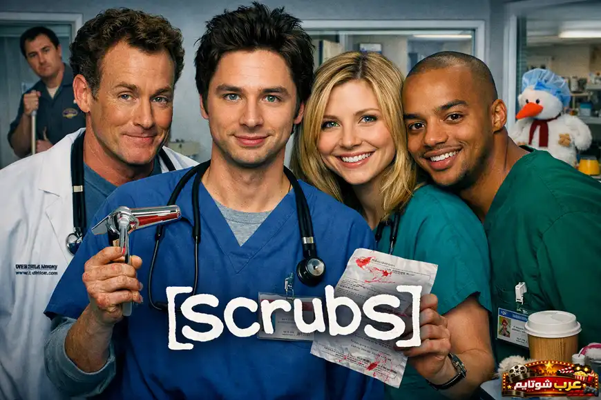 بوستر مسلسل Scrubs يظهر أطباء شباب داخل مستشفى في إطار كوميدي‑درامي مليء بالمواقف الإنسانية.