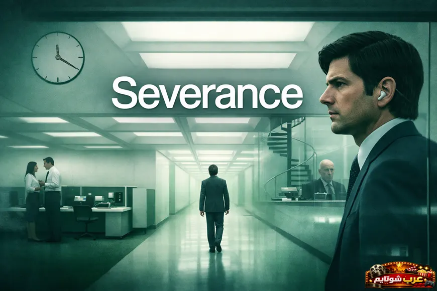 ملصق دعائي لمسلسل «الانفصال (Severance)» يُظهر شخصية رئيسية بملابس رسمية داخل بيئة مكتبية معزولة، مع عنوان المسلسل بارز بخط أبيض في الوسط.