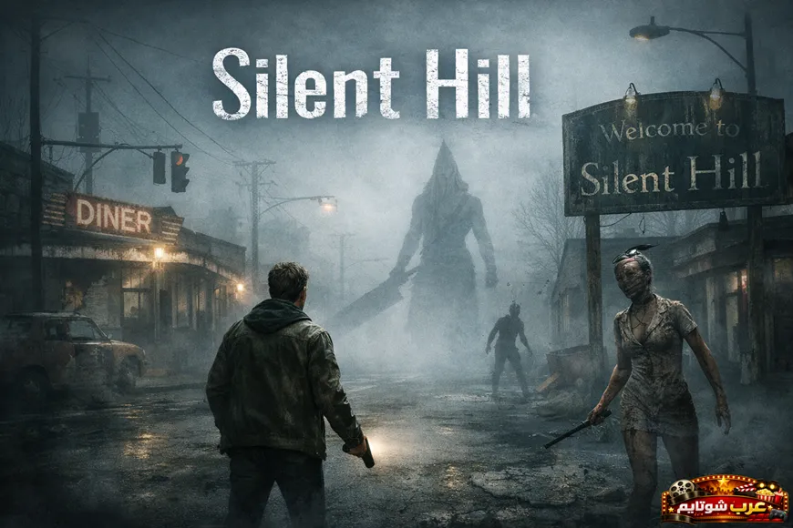 بوستر لسلسلة Silent Hill يظهر فيه شارع ضبابي وشخصيات مرعبة مثل بيراميد هيد وسط أجواء رعب نفسي.