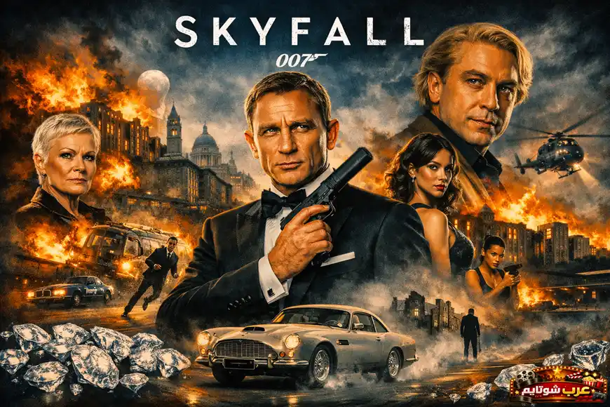 بوستر سينمائي لفيلم «سكاي فول» يظهر فيه جيمس بوند وسط مشاهد أكشن وانفجارات، مع شخصيات رئيسية من الفيلم وخلفية مدينة تشتعل بالنار.