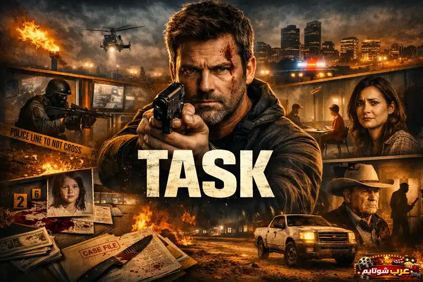 ملصق دعائي لمسلسل «المهمة (Task)» يُظهر شخصية رئيسية تحمل سلاحًا وسط مشاهد مليئة بالنيران والشرطة، في أجواء جنائية مشحونة.