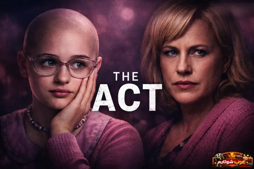 بوستر لمسلسل «The Act» يظهر شخصيتين رئيسيتين في أجواء درامية داكنة مع عنوان المسلسل مكتوب بوضوح في وسط الصورة.