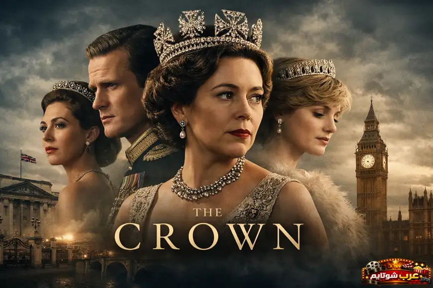 ملصق لمسلسل The Crown يظهر شخصيات العائلة المالكة البريطانية أمام معالم لندن الشهيرة، في أجواء تعكس الهيبة والسلطة.