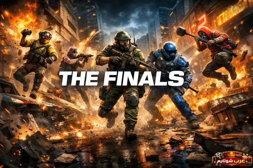 ملصق لعبة The Finals يعرض أربعة مقاتلين مدجّجين بالأسلحة يركضون داخل مدينة مدمّرة مليئة بالنيران والحطام، مع شعار اللعبة بالإنجليزية في المنتصف.