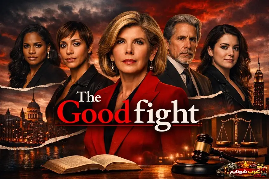 بوستر مسلسل The Good Fight يظهر الشخصيات الرئيسية أمام أفق المدينة مع رموز العدالة.