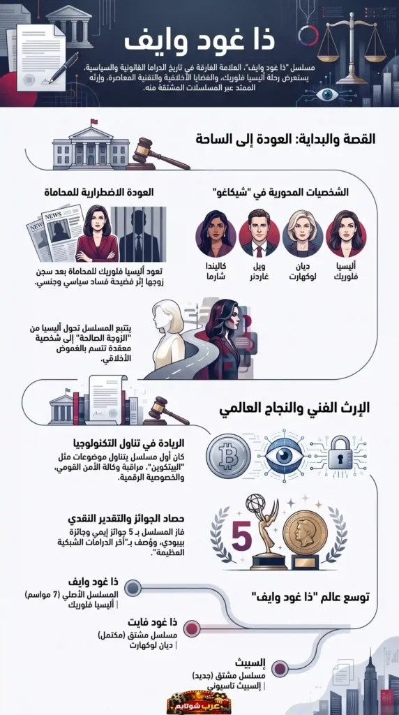 إنفوجرافيك مسلسل ذا غود وايف – رحلة أليشيا فلوريك بين القانون والسياسة