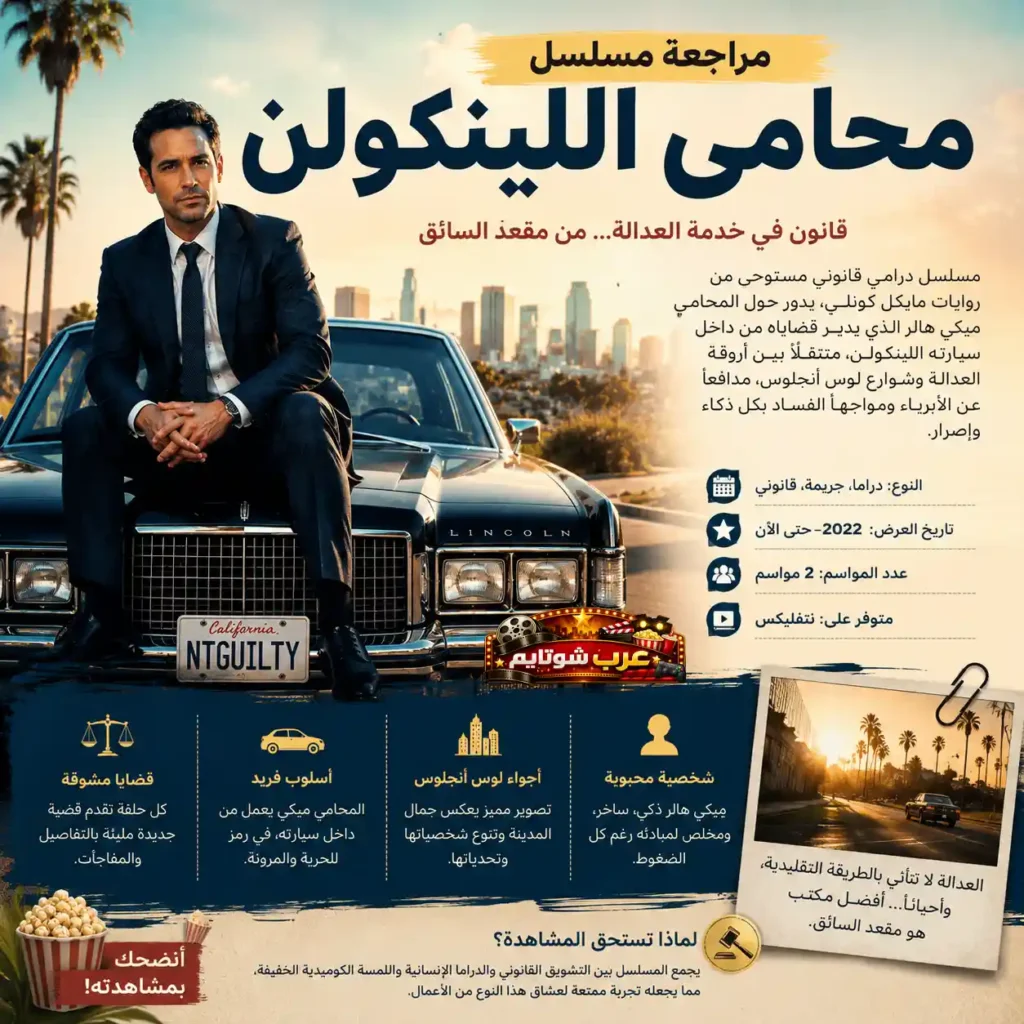 إنفوجرافيك لمسلسل «محامي اللينكولن» يعرض مراجعة شاملة للشخصيات والأجواء القانونية في لوس أنجلوس.