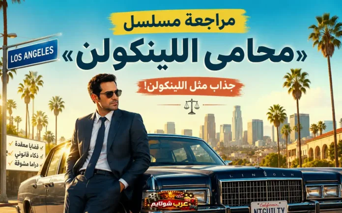 ملصق ترويجي لمسلسل «محامي اللينكولن» يظهر البطل ميكي هالر بجانب سيارة لينكولن الكلاسيكية أمام أفق مدينة لوس أنجلوس.