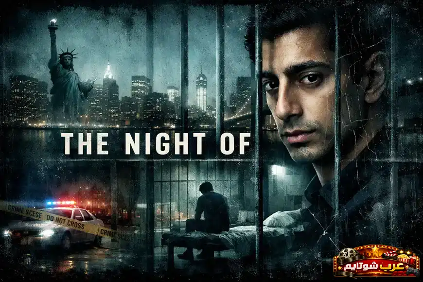 بوستر أفقي لمسلسل «The Night Of» يظهر فيه رجل خلف قضبان السجن مع خلفية لمدينة نيويورك وشريط مسرح الجريمة، في أجواء درامية تعكس طابع المسلسل البوليسي.
