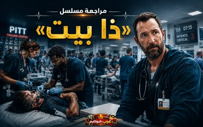 مشهد درامي داخل قسم الطوارئ في مركز «بيت تراوما»، يظهر فيه أطباء وممرضون يعملون لإنقاذ المرضى وسط أجواء متوترة ومليئة بالحركة، مع شعار المسلسل بالإنجليزية The Pitt في الخلفية.