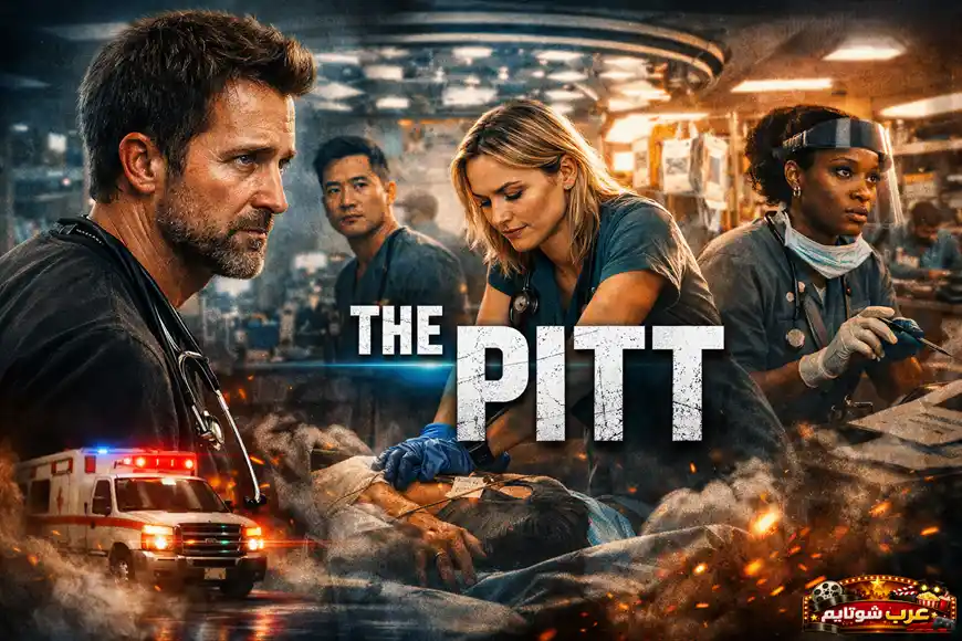 بوستر درامي لمسلسل «ذا بيت» يُظهر فريقاً طبياً يعمل داخل غرفة الطوارئ وسط أجواء متوترة، مع عنوان THE PITT بارز في وسط الصورة.