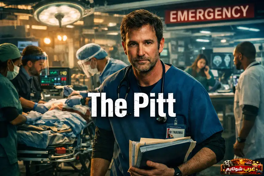 ملصق دعائي لمسلسل «ذا بيت (The Pitt)» يُظهر طبيبًا بملابس جراحية في غرفة الطوارئ وسط فريق طبي يعمل على إنقاذ مريض، مع عنوان المسلسل بارز في الوسط.