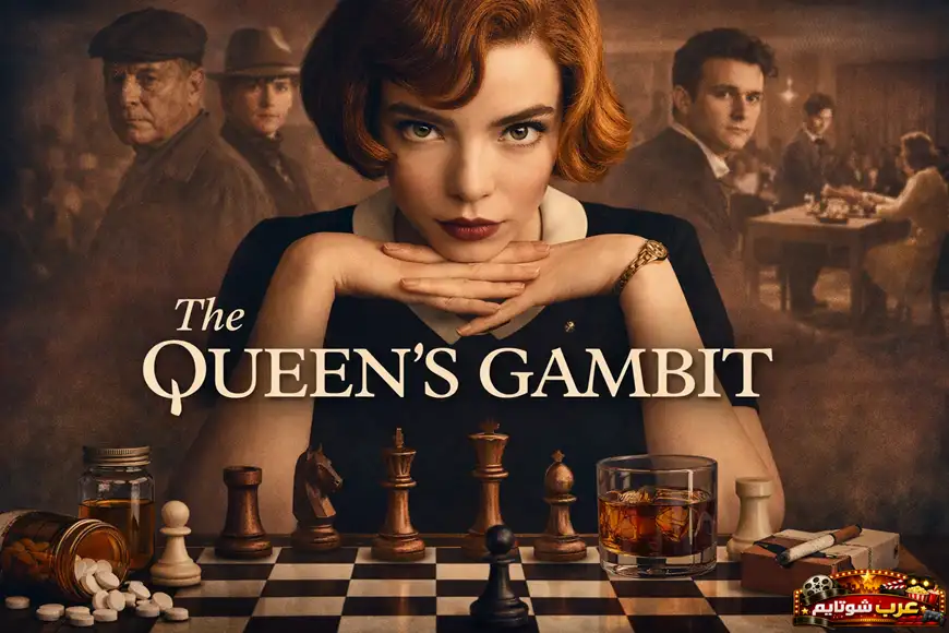 ملصق لمسلسل The Queen’s Gambit يظهر بطلة العمل أمام رقعة شطرنج، في أجواء تعكس التوتر والعبقرية والصراع النفسي.
