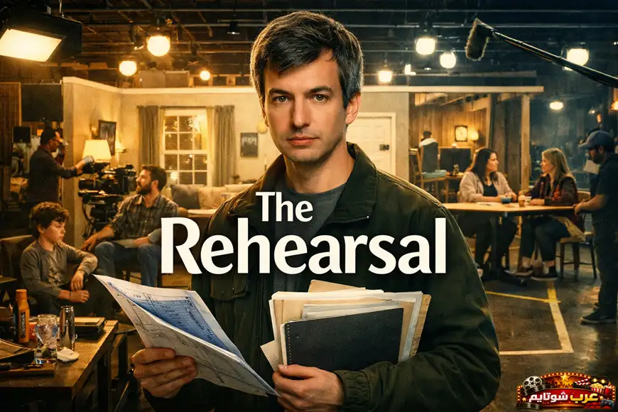 ملصق دعائي لمسلسل «البروفة (The Rehearsal)» يُظهر شخصية رئيسية تحمل أوراقًا وسط أجواء تصوير خلف الكواليس، مع عنوان المسلسل بارز في الوسط.