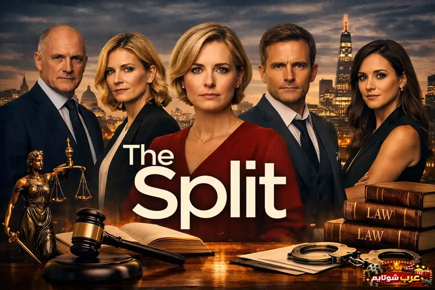 بوستر درامي لمسلسل The Split يظهر المحامين أمام أفق لندن مع رموز العدالة.