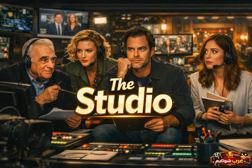 بوستر مسلسل "The Studio" داخل غرفة التحكم التلفزيونية مع ظهور الشخصيات الرئيسية أمام الشاشات.