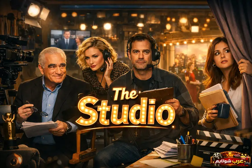 بوستر لمسلسل "The Studio" داخل موقع تصوير يعرض الشخصيات الرئيسية في أجواء خلف الكواليس.