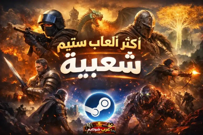 ملصق أفقي يضم شخصيات من ألعاب شهيرة على منصة ستيم مع شعار اللعبة البخارية في المنتصف ونص عربي يقول 