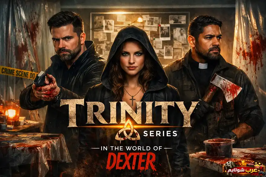 ملصق دعائي لمسلسل Trinity Series داخل عالم ديكستر، يُظهر آرثر ميتشل في غرفة مظلمة مليئة بأدلة الجرائم وشخصيات تحمل أسلحة.