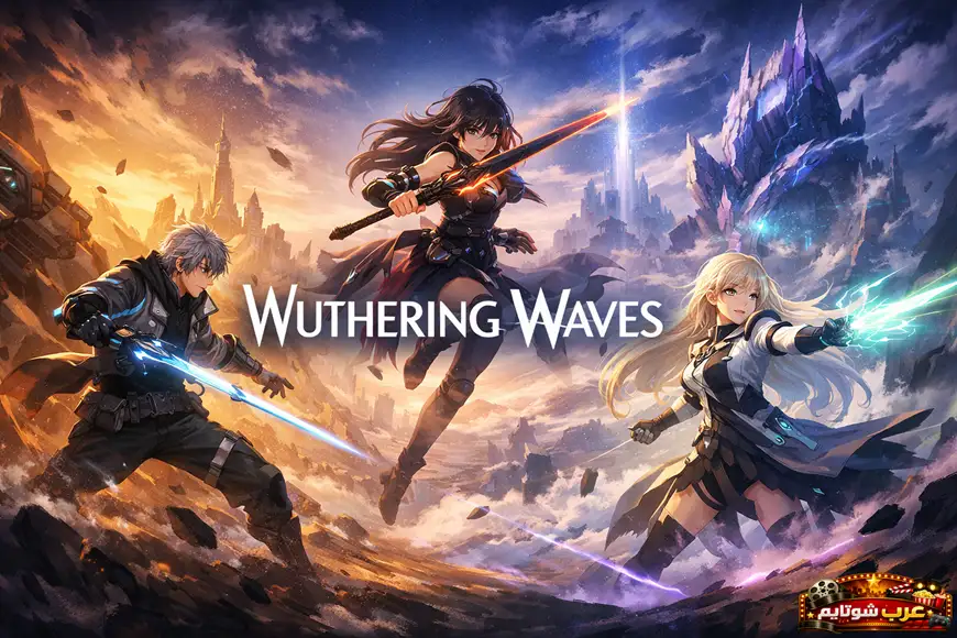 ملصق لعبة Wuthering Waves يعرض ثلاثة شخصيات في معركة مستقبلية مع أسلحة طاقية متوهّجة وشعار اللعبة في المنتصف.
