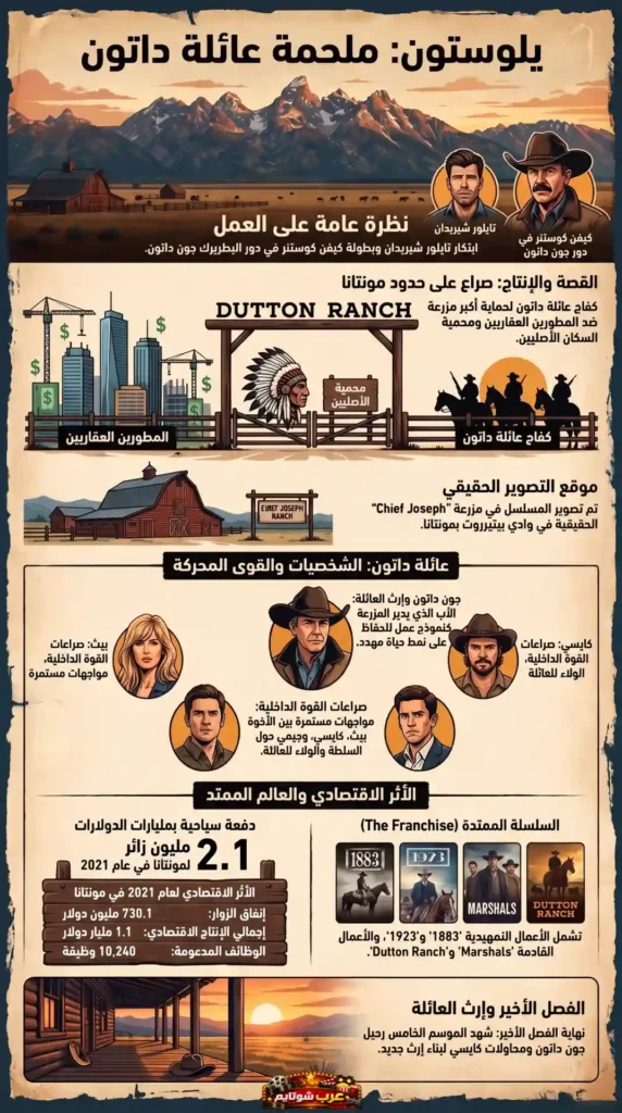 إنفوغرافيك عربي لمسلسل «يلوستون» يوضّح قصة عائلة داتن وصراعها لحماية المزرعة، مع بيانات عن الإنتاج والتأثير الاقتصادي في ولاية مونتانا.