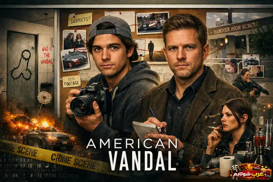 بوستر مسلسل «المخرب الأمريكي (American Vandal)» يعرض محققين شابين أمام لوحة مليئة بالأدلة والصور الجنائية في أجواء تحقيق ساخر.
