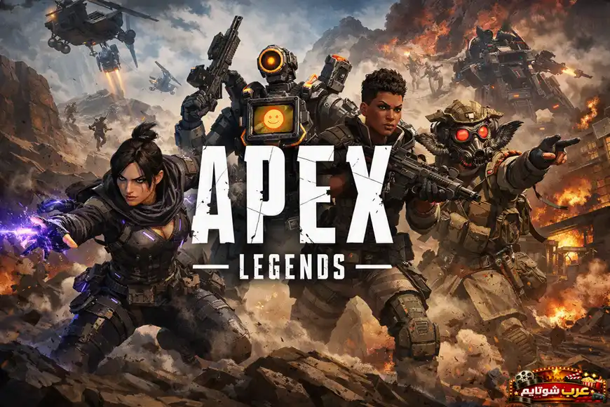 ملصق ترويجي للعبة Apex Legends يظهر ثلاثة أبطال في وضعيات قتالية وسط انفجارات ومعارك جوية، مع شعار اللعبة في المنتصف.