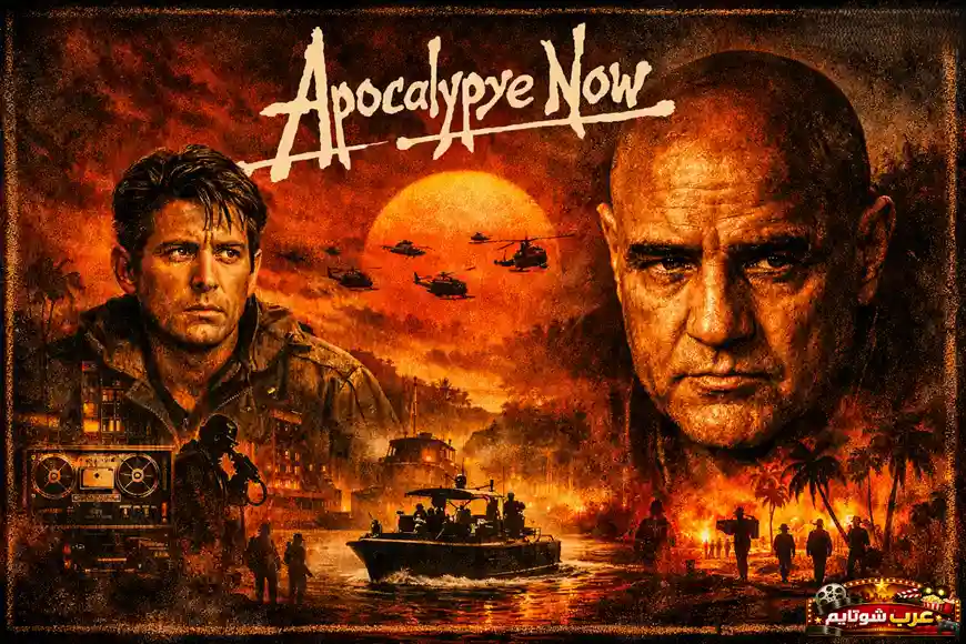 بوستر سينمائي لفيلم «القيامة الآن» يظهر وجوه شخصيات رئيسية وخلفية حمراء مشتعلة مع مروحيات عسكرية ونهر يعكس أجواء حرب فيتنام.