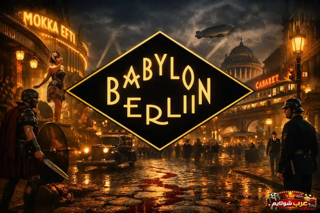 بوستر مسلسل Babylon Berlin يظهر شعار المسلسل داخل شكلٍ معيّن أسود وسط شارع من برلين في عشرينيات القرن الماضي مع أجواء ليلية ومبانٍ تاريخية.