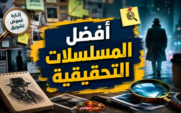 صورة رمزية لمقال «أفضل المسلسلات التحقيقية» تُظهر أدوات التحقيق ولوحة أدلة وغموضاً يوحي بعالم الجريمة والبحث عن الحقيقة.