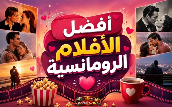 ملصق ترويجي لأفضل الأفلام الرومانسية مع مشاهد حبّ وألوان دافئة